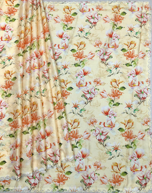 Baily Biege Floral Printed Siroski Work Saree