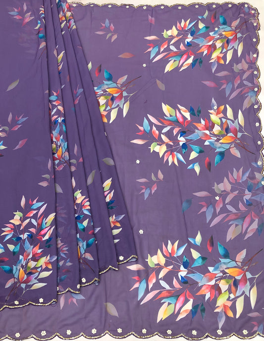 Amelia Lavender Fancy Chiffon Printed Handwork Saree