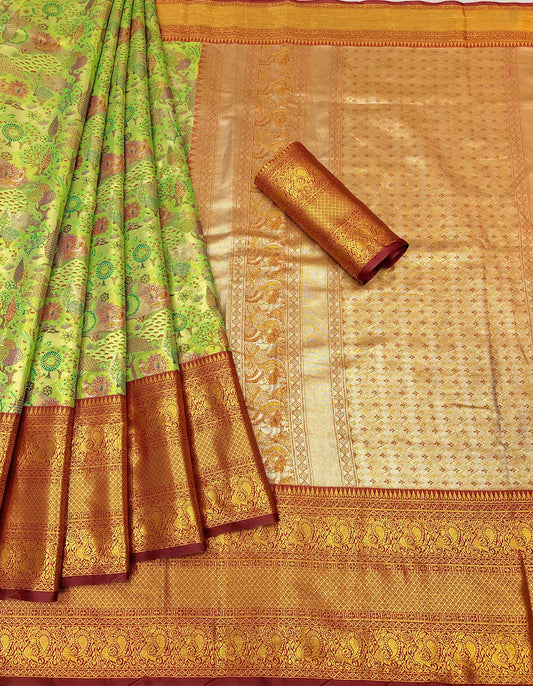 Clara Green Kanjivaram Pattu Silk Zari Weaving Saree