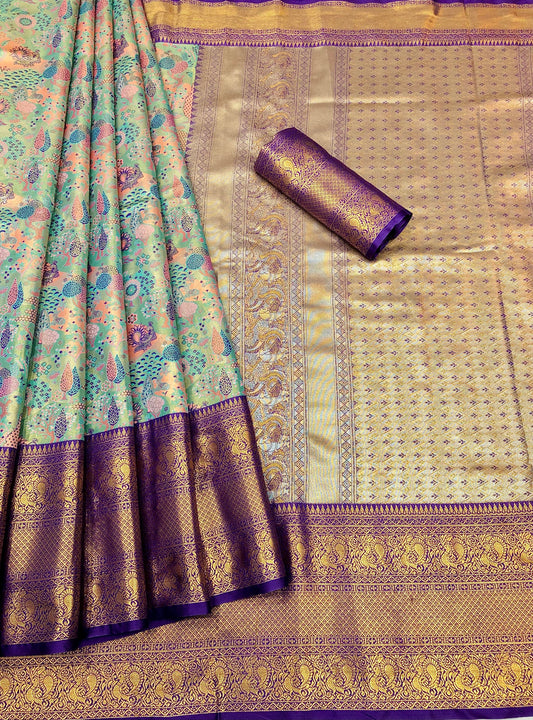 Clara Seagreen Kanjivaram Pattu Silk Zari Weaving Saree