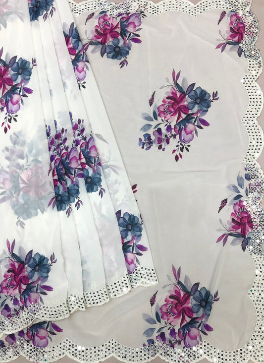 Gracie White Designer chiffon floral print with embroidery & mirror work