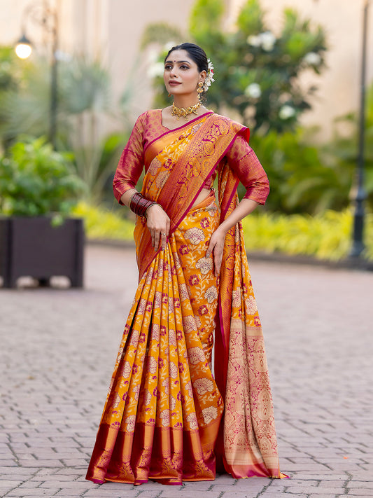 Olivia Yellow Kanjivaram Silk Zari Weaving Saree