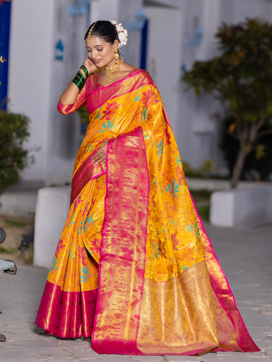 Whoopi Yellow Kanjivaram Silk Weaving Saree