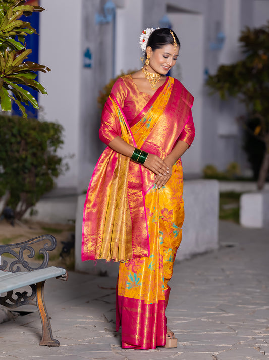 Whoopi Yellow Kanjivaram Silk Weaving Saree