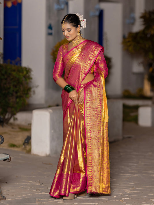 Janet Pink Kanjivaram Silk Gold Zari Weaving Saree