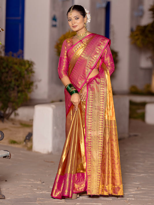 Janet Pink Kanjivaram Silk Gold Zari Weaving Saree