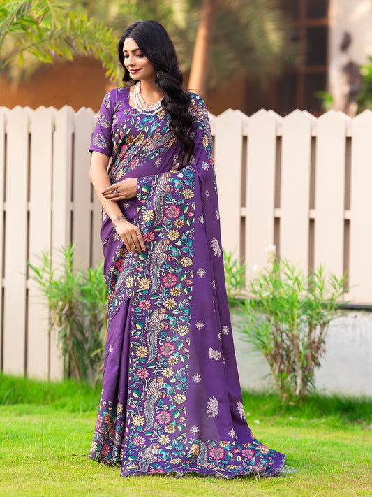 Breddot Purple Tussar Silk Kalamkari Print Embroidery Work Saree