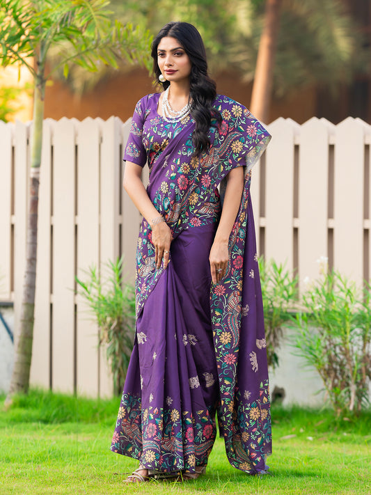 Breddot Purple Tussar Silk Kalamkari Print Embroidery Work Saree