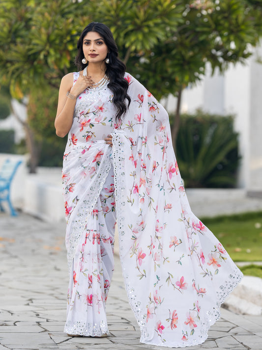 Merkham White Chiffon Floral Print With Embroidery Mirror Work