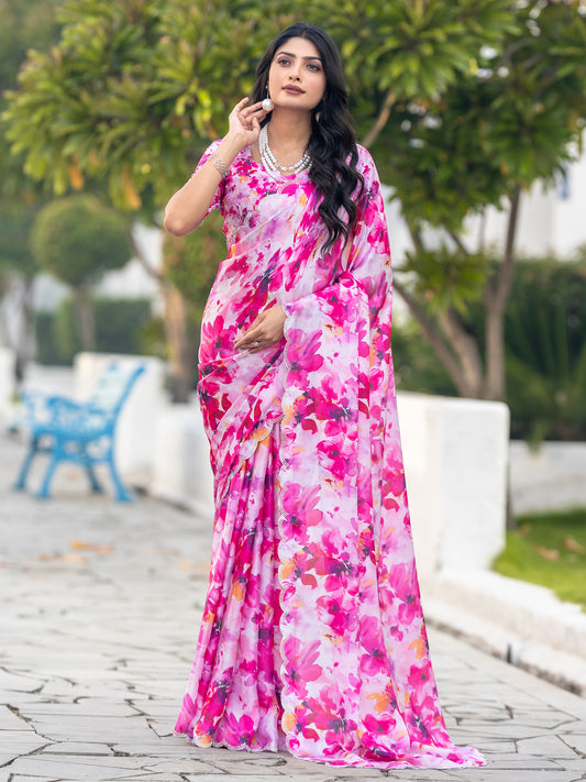 Stellar Pink Georgette Floral Print Siroski Work Saree