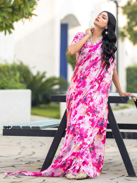 Stellar Pink Georgette Floral Print Siroski Work Saree