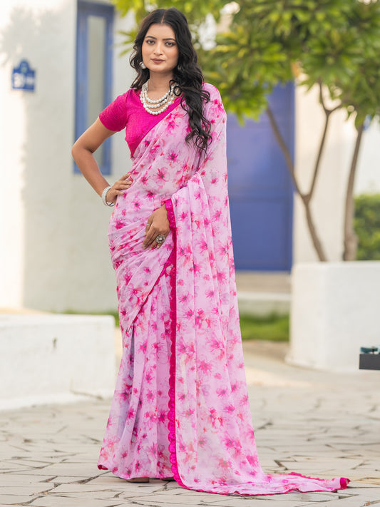 Derban Pink Chiffon Floral Print Fancy Saree