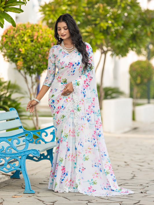 Prizma Offwhite Floral Print Chiffon With Embroidery & Mirror Work Saree