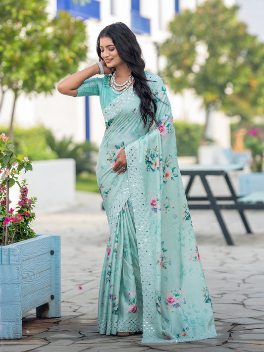 Berlin Seagreen Tussar Silk Floral Print With Embroidery & Mirror Work Saree