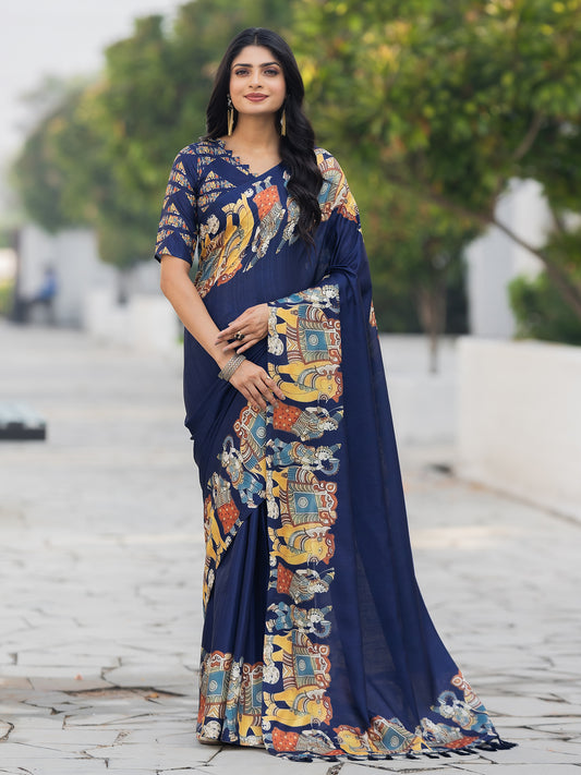 Sofia Nevyblue Tussar Silk Kalamkari Printed Saree