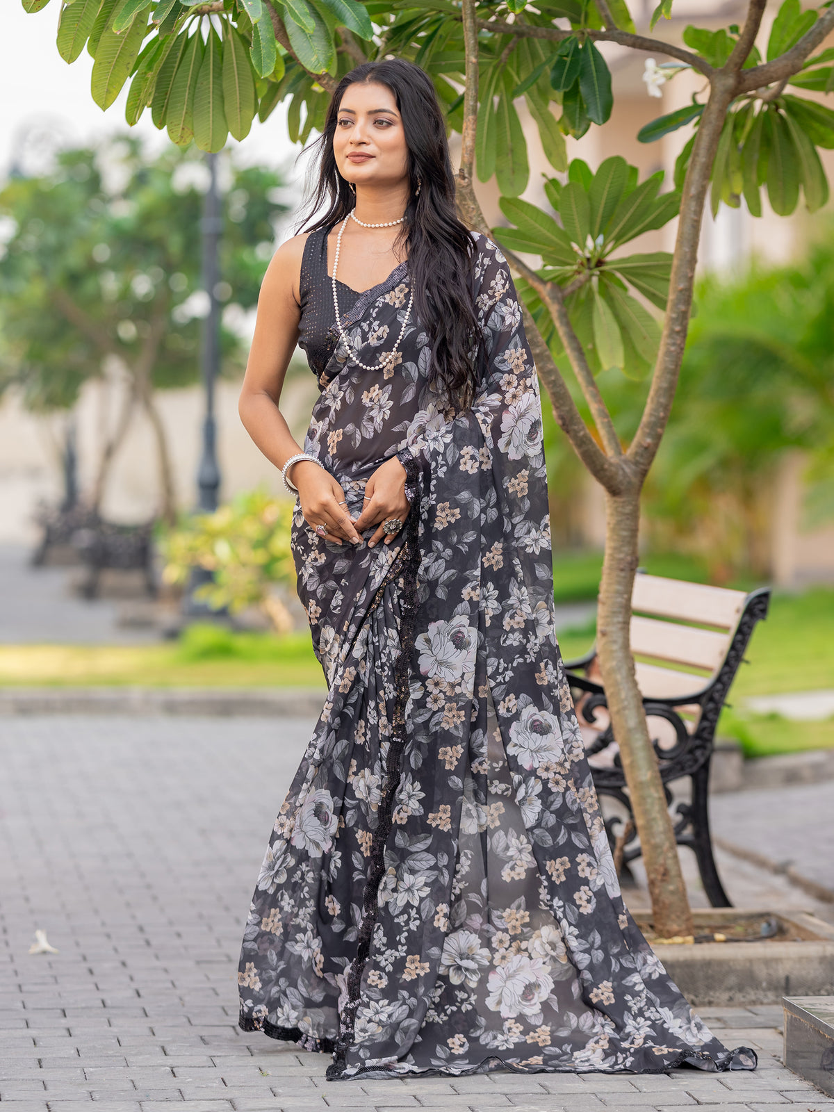 Alicia Black Chiffon Floral Print Fancy Saree