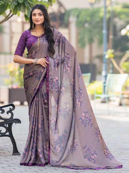 Luciana Chocolaty Brown Georgette Floral Print Fancy Saree