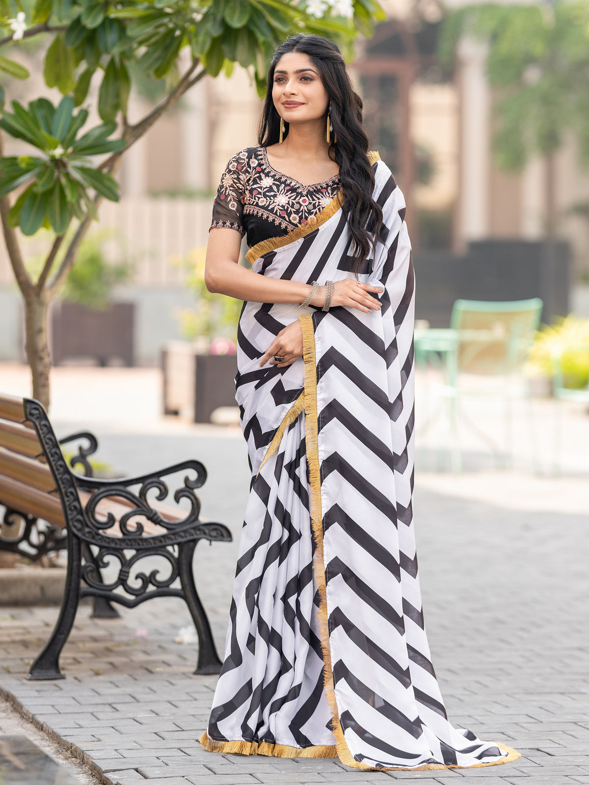 Liliana White & Black Satin Georgette Stripes Print Fancy Saree