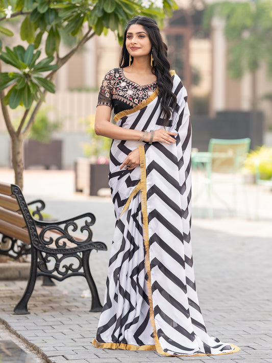 Liliana White & Black Satin Georgette Stripes Print Fancy Saree