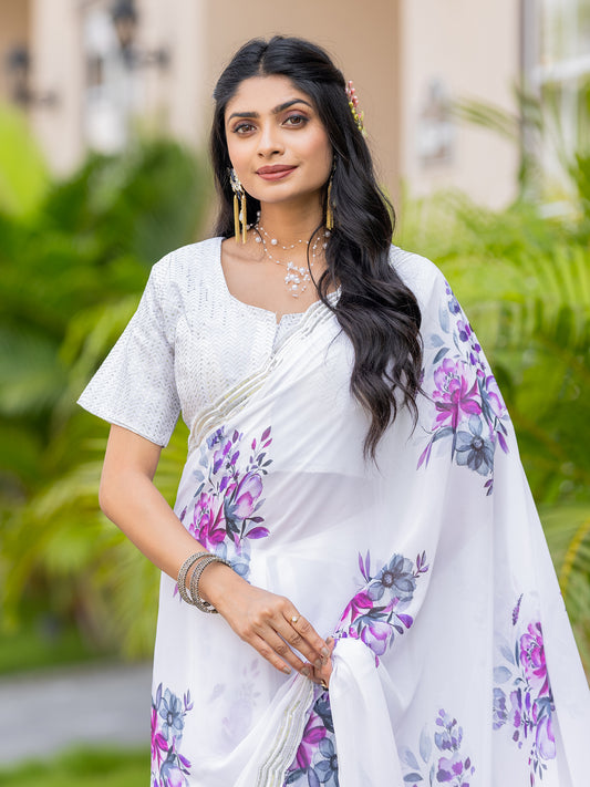 Zara White Floral Print With Embroidery & Sequence Work Saree