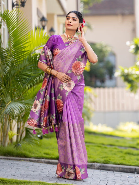 Farah Lavender Kota Silk Digital Print Saree