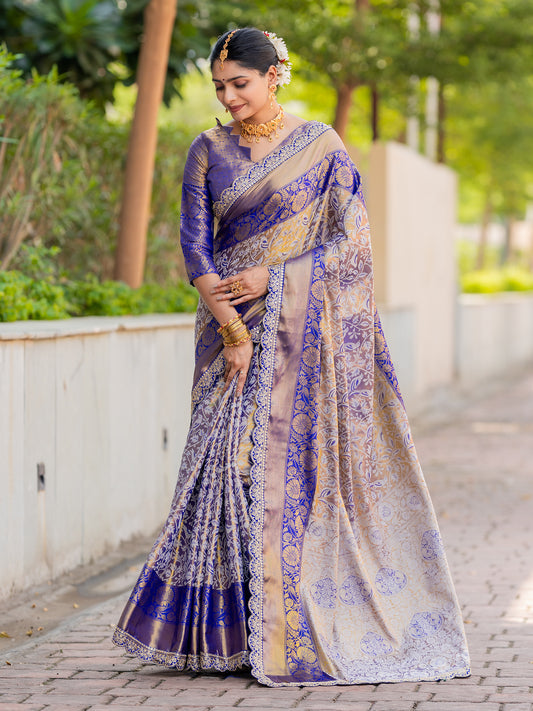 Sanaaz Royalblue Kanjivaram Silk Weaving Saree With Lace Border