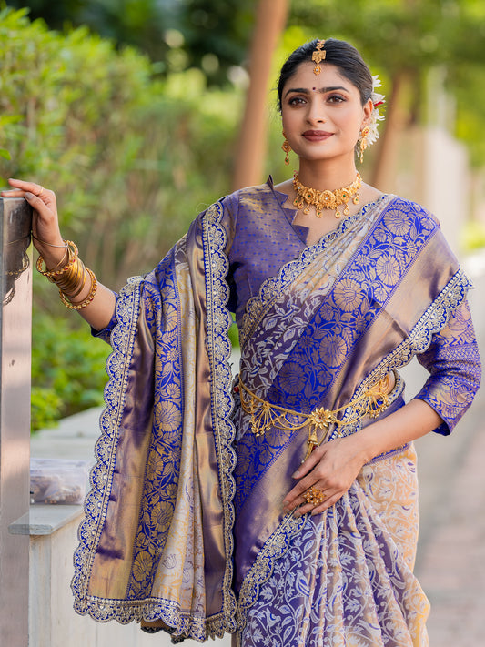 Sanaaz Royalblue Kanjivaram Silk Weaving Saree With Lace Border