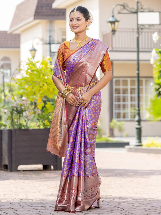 Luminer Lavender Kanjivaram Semi Pattu Silk Weaving Saree