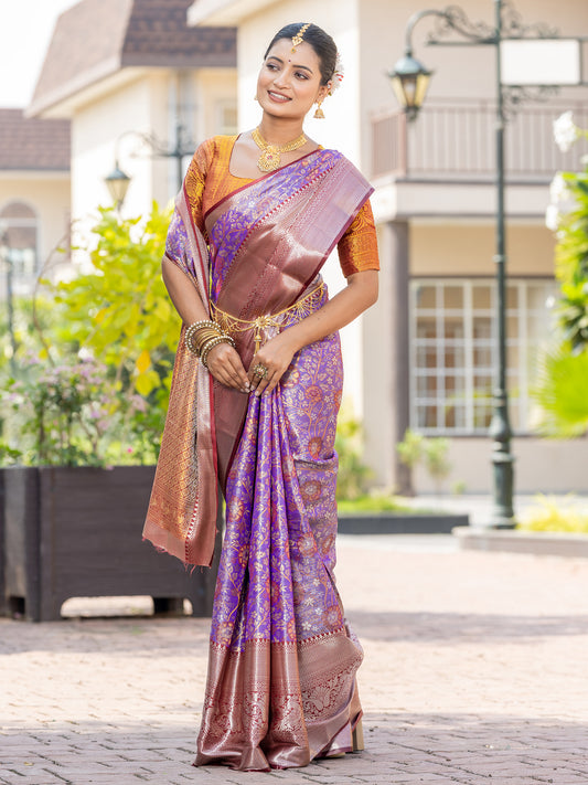 Luminer Lavender Kanjivaram Semi Pattu Silk Weaving Saree