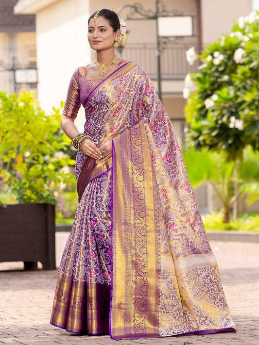 Maqueen Purple Kanjivaram Semi Pattu Silk Weaving Saree