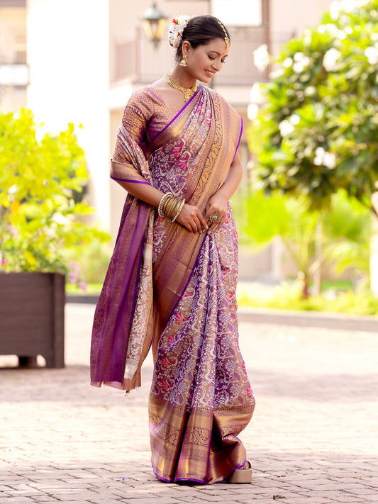 Maqueen Purple Kanjivaram Semi Pattu Silk Weaving Saree