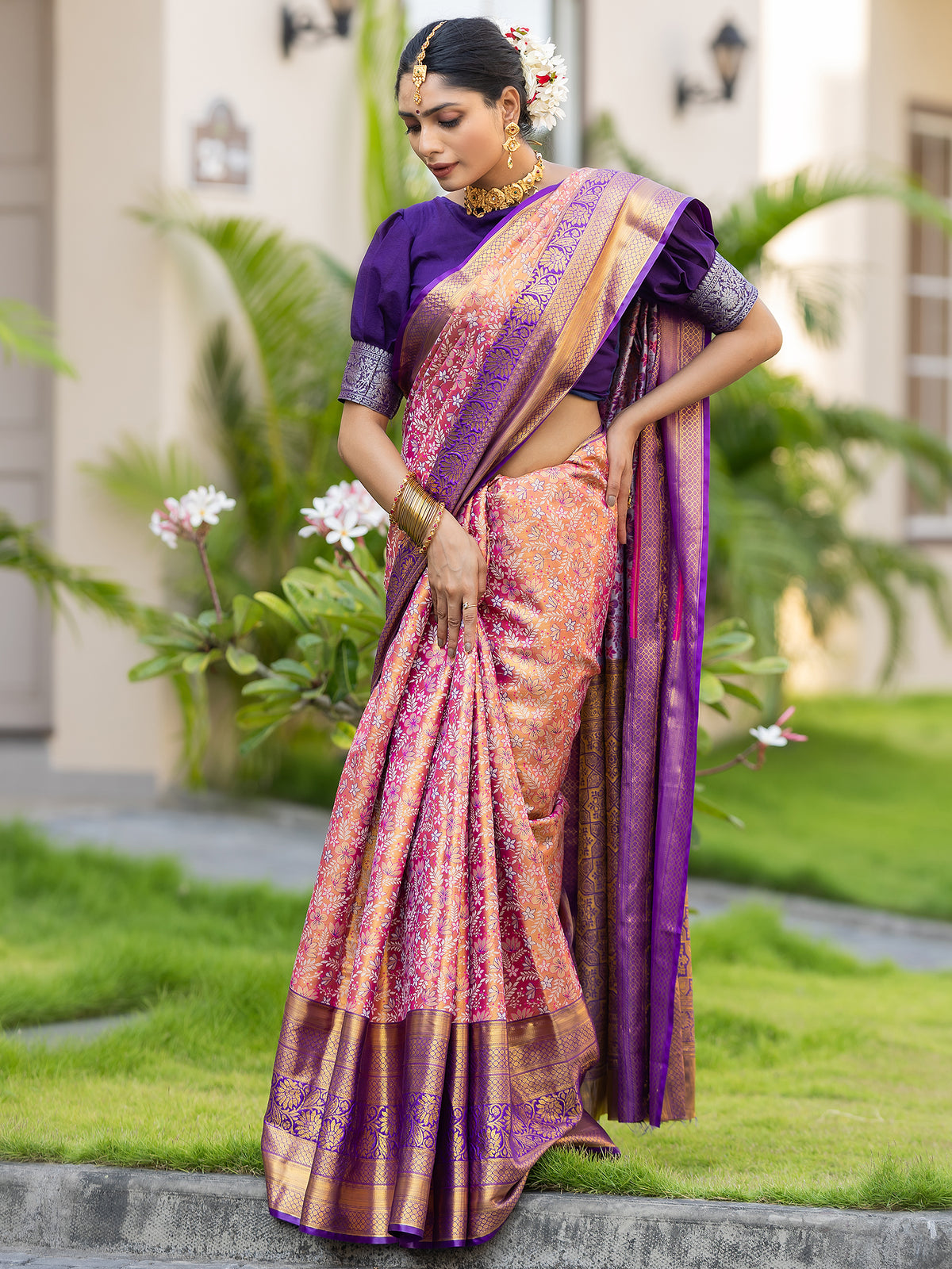 Floral Pink Kanjivaram Semi Pattu Silk Weaving Saree